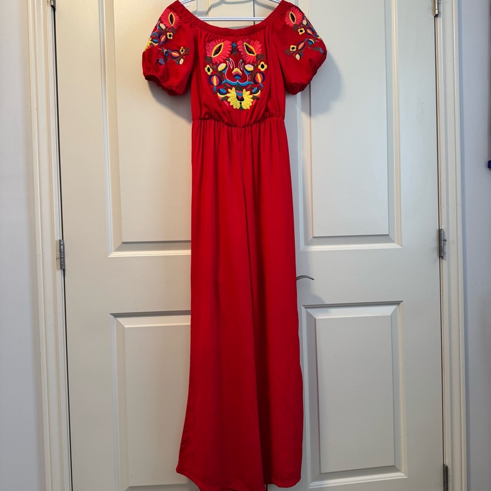 Vava by Joy Han Scarlet Red Embroidered Bohemian Jumpsuit Off The Shoulder Sz XS